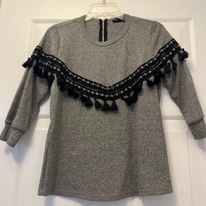 NWT Studio F Sweater. Color Grey. Size XS. Front and Back tassels.